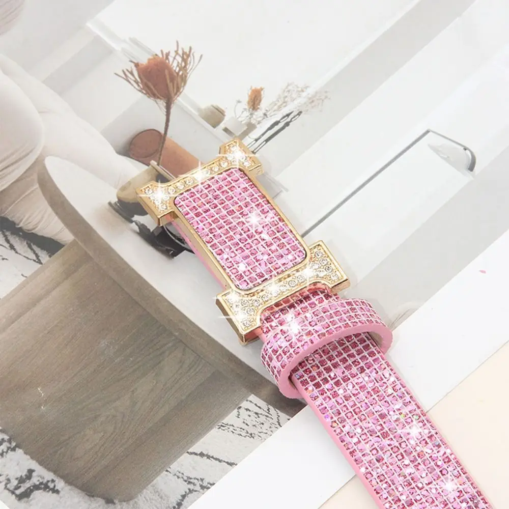 Fashion Bling Bling Sparkling Rhinestone Belt Glitter Versatile PU Leather Belt Luxury Brand Design Slide Buckle Belt Women