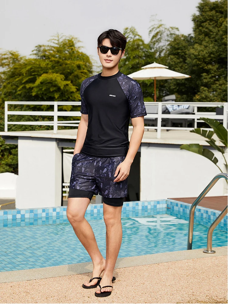 Men's Two-pieces Sun Protection UV SPF Shirts and Trunks, Short/Long Sleeve Lightweight Quick Dry Swimsuit Rash Guards Fishing