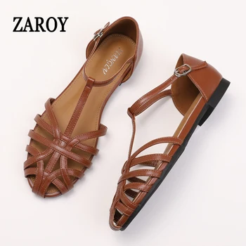 ZAROY Summer Cross Strap Flat Sandals Women Round Toe Ankle Buckle Hollow Casual Roman Sandalia Zapatos De Mujer сандали 1
