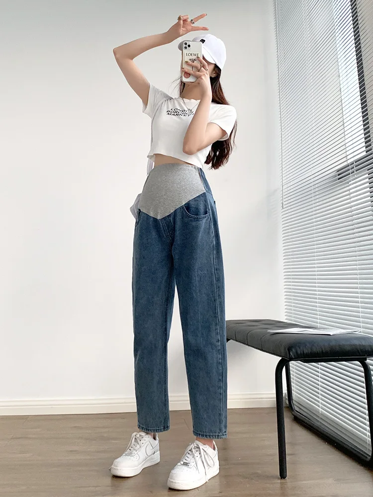 조절 가능한 신축성 임부용 청바지 아빠 바지 봄 가을 데님 트렌디 맘 캐주얼 롱 배 받침 풀 사이즈
