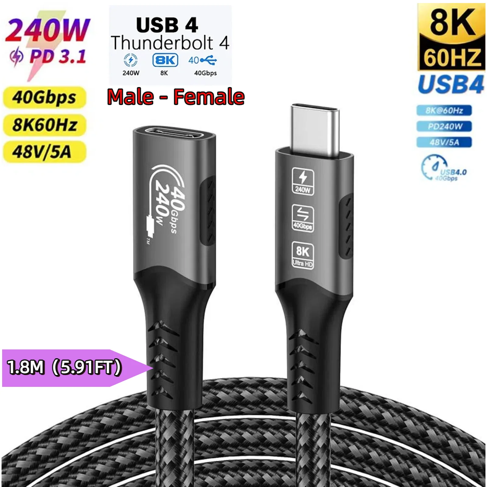 Ultra-Fast Thunderbolt 4 USB4 Extension Cable with 8K Video and PD240W Charging