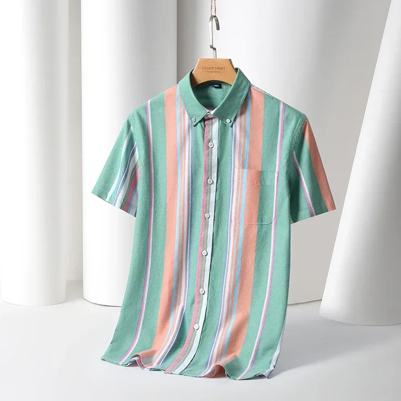 2024 100% Cotton Oxford Plaid Business  Men's Striped Fashion Short SleeveButton Down Regular Fit Office Shirt Man Clothing 4