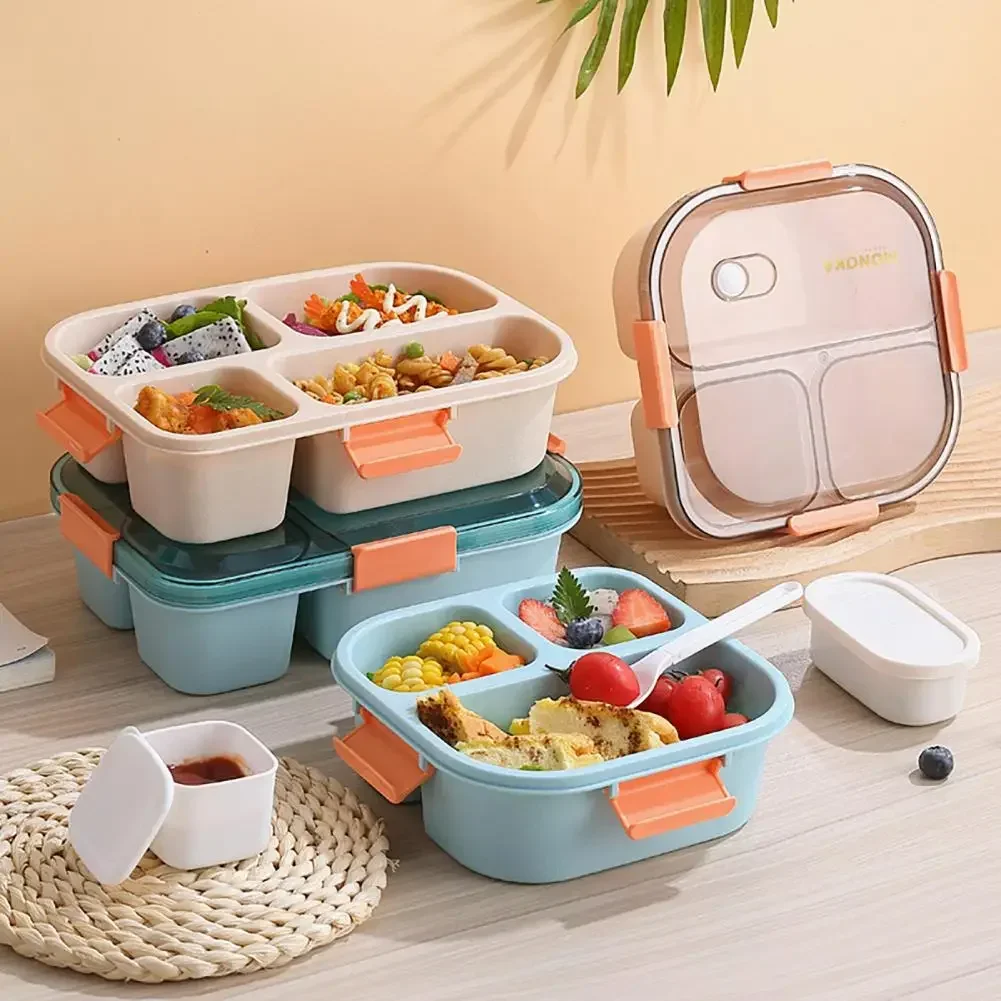 Lunch Container 1 Set 1100/1550ML Bento Box 3/4 Grids Good Sealing Buckle Closure Heat Resistance Fresh-Keeping Microwavable Off 2