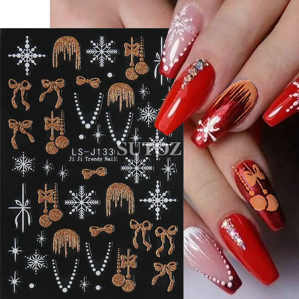 Glitter Christmas Tree Nail Stickers Gold Star Cartoon Deer Decals Snowflake Bow Nail Sliders New Year Manicure Decors LEBLS-J32