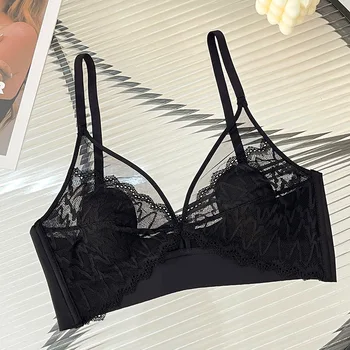 Sexy Lace Crop Top Deep V Backless Camisole Hollow Mesh Bra Female Solid Color Seamless Underwear Removable Chest Pad Tank Top 1
