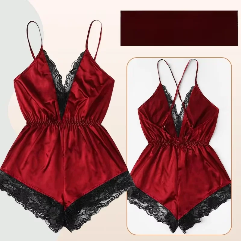 Summer V-Neck Sexy Lace Patchwork Integrated Suspender and Backless women suspender pajamas