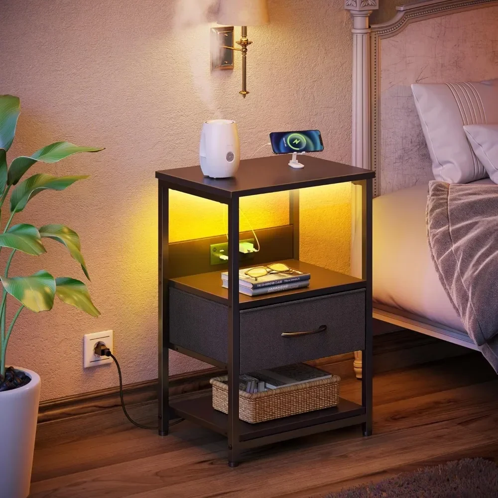 Nightstand Set of 2 LED Bedside Tables Charging Station Fabric Drawer Storage 3 Tier