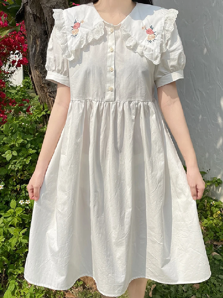 

Japanese Sweet Elegant White Blue Green Preppy Style Fairy Women's Summer Dress Peter Pan Collar Short Sleeve Mid-Calf Dresses