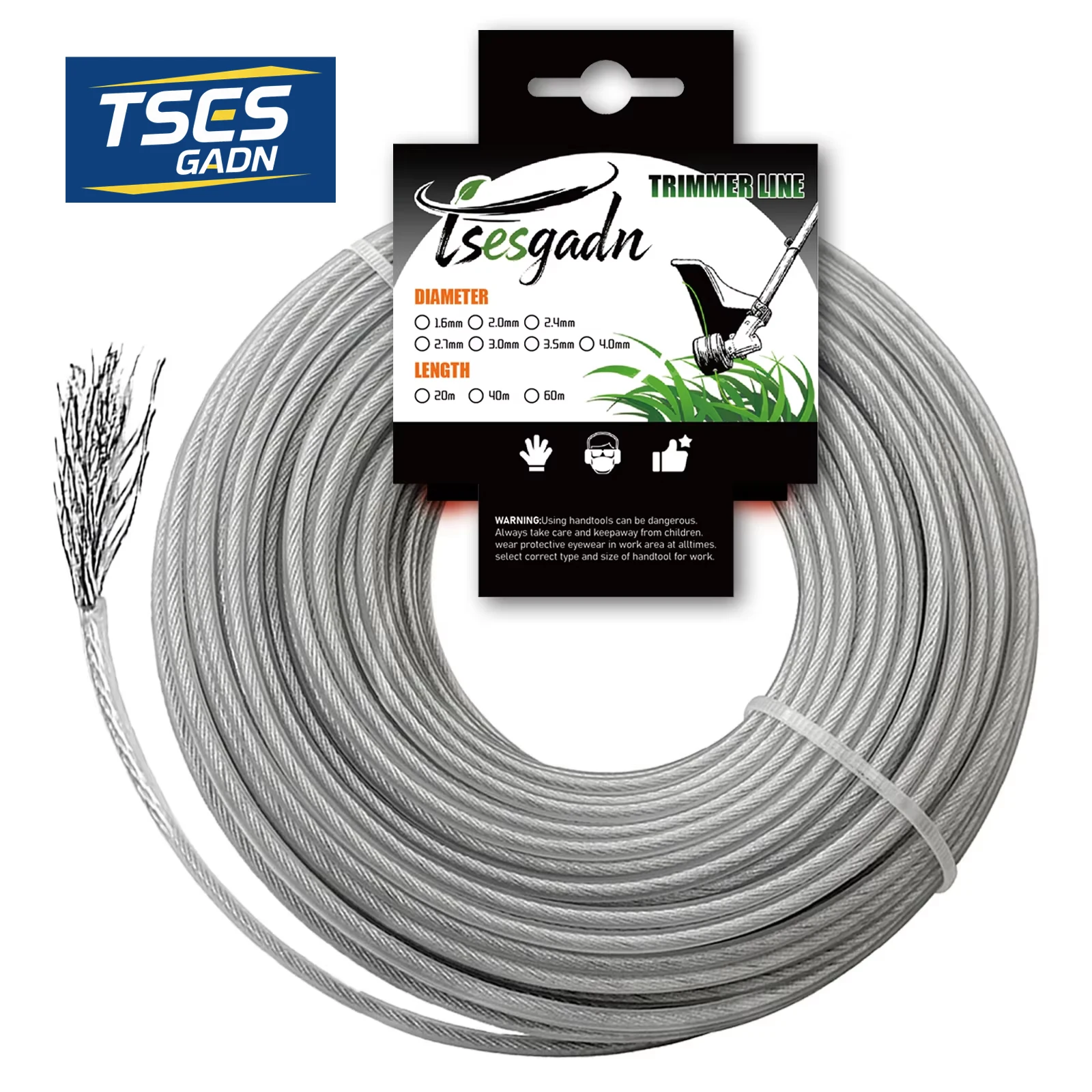 TSES 15m*2.0mm~4.0mm Steel Core Trimmer Line Heavy Duty Weed Replacement Grass Cutting Rope with Wire Steel Strimmer Line