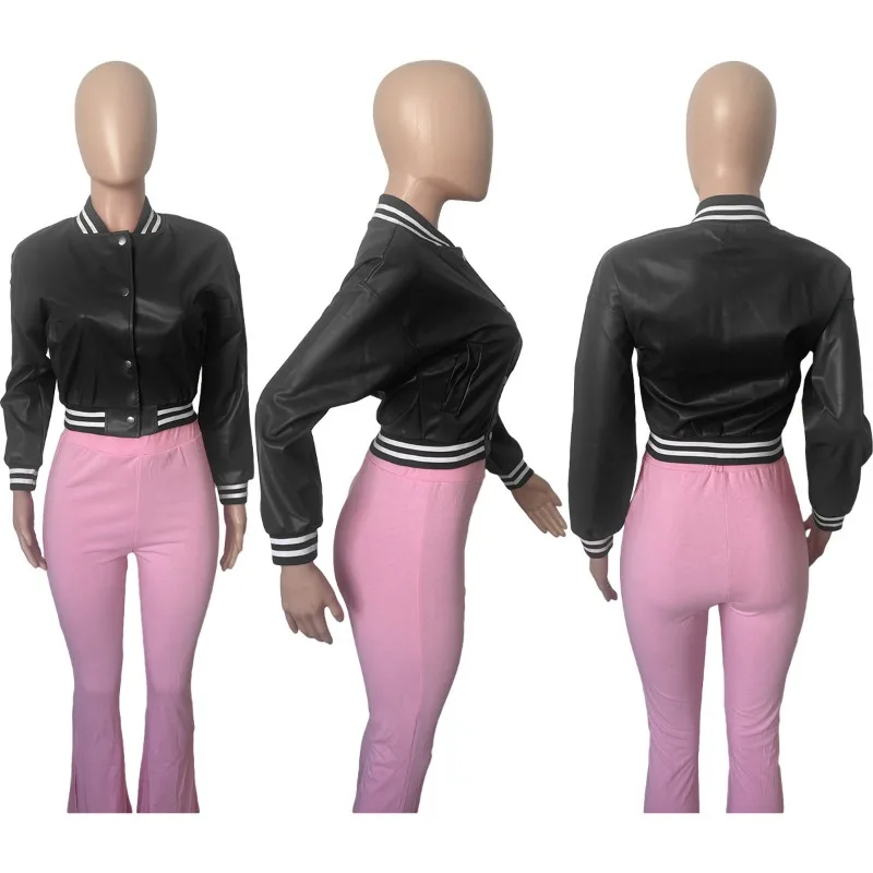 Pu Leather Women Short Baseball Jacket 2023 Autumn Casual Single-breasted Slim-fit O-neck Slim Vintage Crop Coat Streetwear