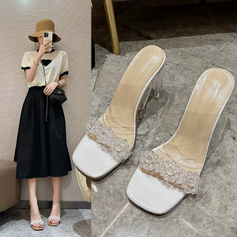 

Transparent sandals summer wear 2023 line high heeled crystal fashion medium heeled thick heeled sandals women large size