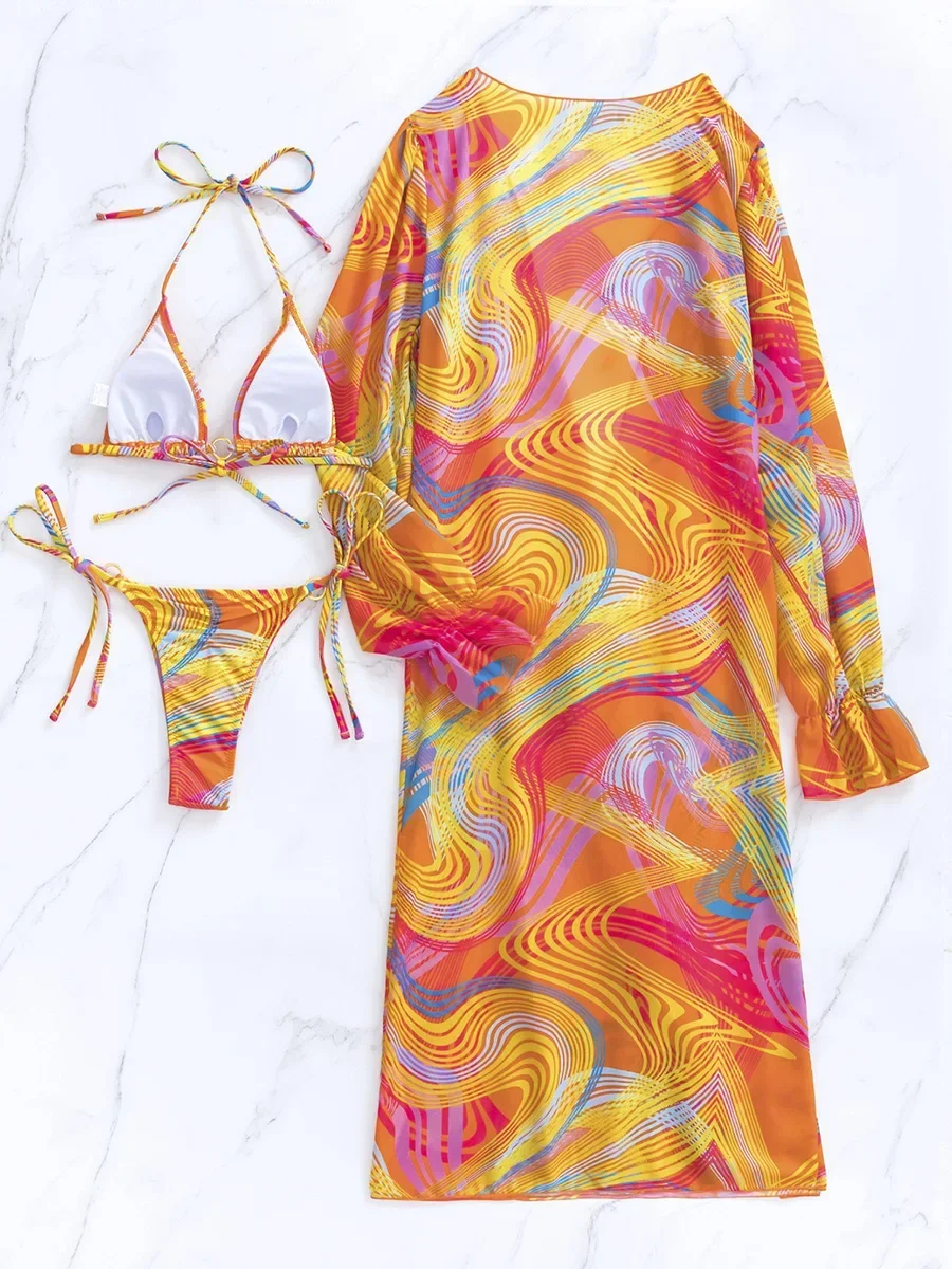 3PCS Print Micro Halter Bikini Women Swimwear Female Swimsuit Three-pieces Bikini set With Cover Up Bathing Suit Swim Beach wear