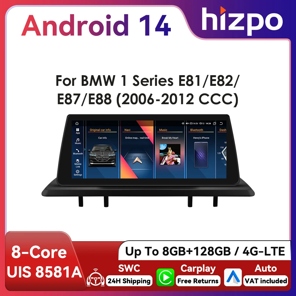 Radio para Auto Android Auto Hizpo de 10.25 Pulgadas para BMW Serie 1 2006-2012 E81 E82 E87 E88 CCC CIC, Pantalla Inteligente CarPlay, 4G, WiFi, BT, GPS, Navegador 1