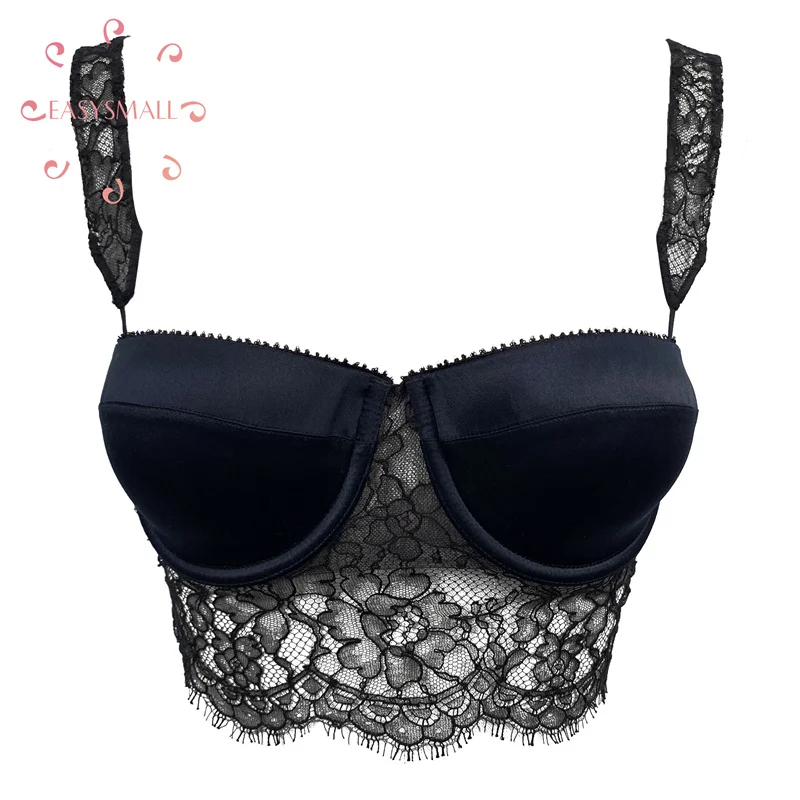 

Easysmall Spice Girl lace Strap Bra Vest with Cushion Steel Ring Short Back Wear Inside and Outside Casual Slim Sleeves T Shirt