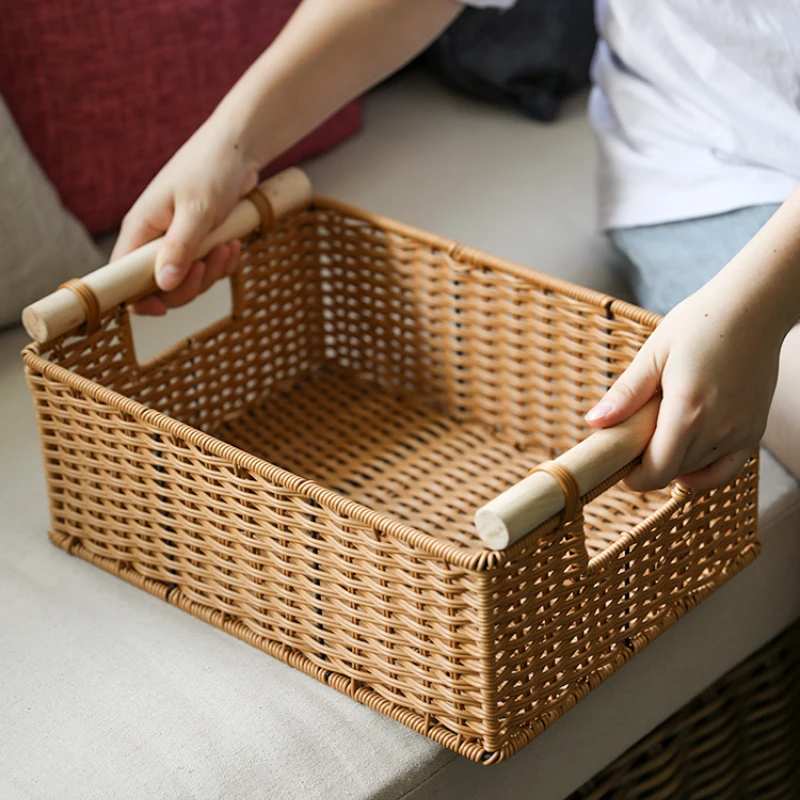 

Japan Style Wooden Handle Finishing Basket Simple Snack Sundries Storage Containers Imitation Rattan Weaving Storage Organizers