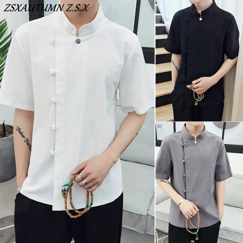 

Tang Zen Hanfu Zhongshan Shirt 2023 Men's Chinese Shirt Men's Short-sleeved Retro Plate Buckle Slouchy Button Loose T-shirt Top