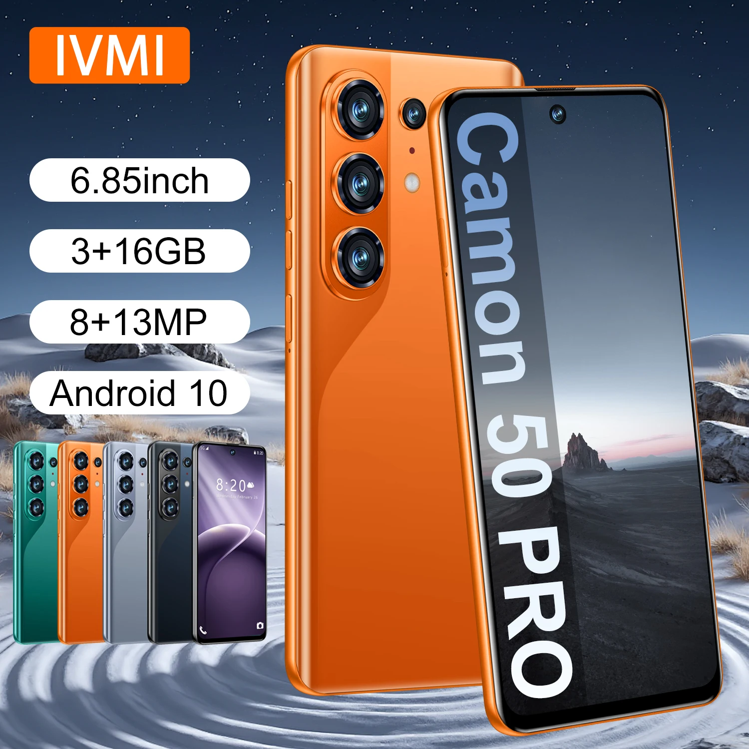 Smartphone IVMI Global Camon50 Pro Android 10.0 3 Go + 16 Go 6,85'' Double SIM GPS Déverrouillage Facial Réseau 4G Écran Courbé Téléphones Mobiles
