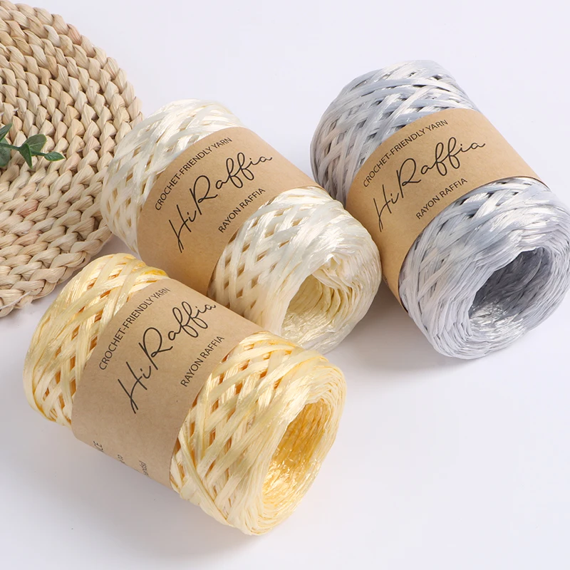 80M Metallic Shiny Natural Raffia Straw Yarn For Hand-knitted Crochet Grass Paper Hat HandBag Cushion Baskets Thread Summer DIY 4