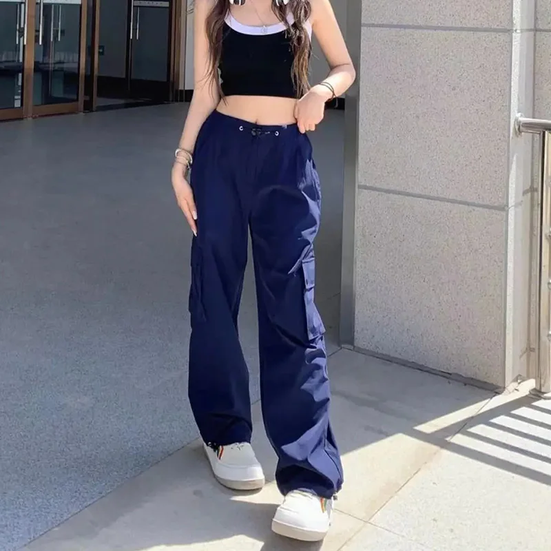 Korean Fashion Navy Blue Cargo Pants Women Y2K Vintage Low Waist