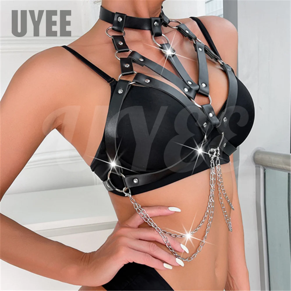 Uyee Sexy Open Bra Harness Pu Leather Women Beach Bikini Bdsm Bondage Hollowed Out Bra Cage Gothic Punk Bdsm Erotic Lingerie
