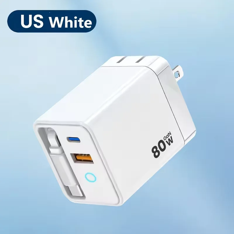 High-Power 80W USB Charger with Retractable Type-C Cable for Fast Charging Devices