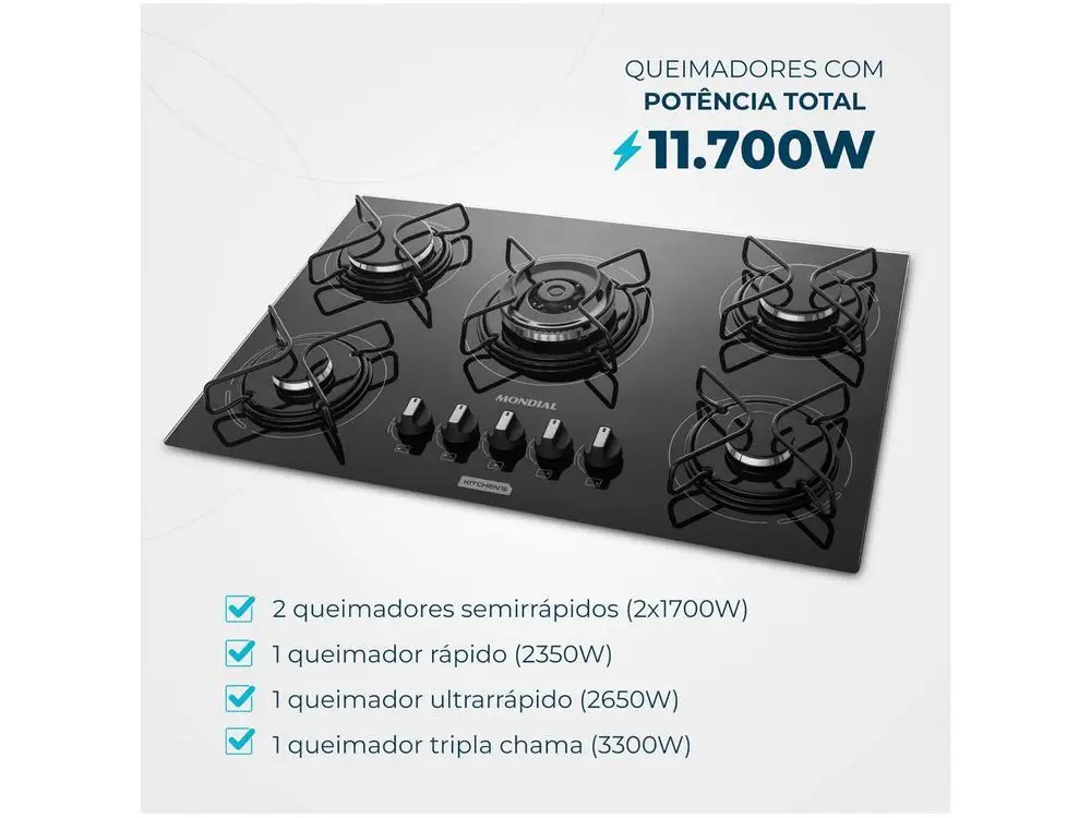 Cooktop 5 Bocas Mondial a Gás GLP Preto - Bivolt 3