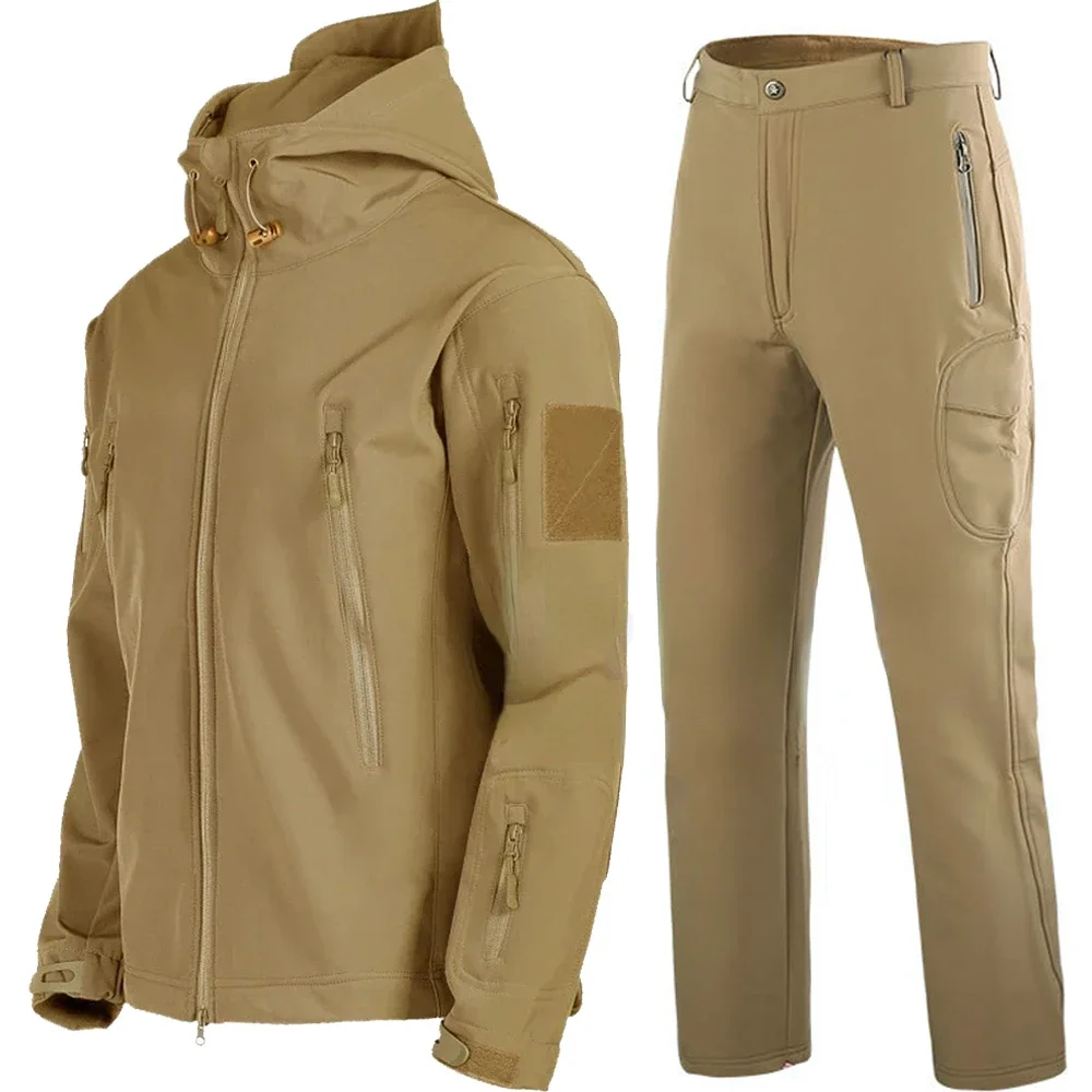 Winter Workout Tactical Suit Men Workwear Pants Sets Outdoor Military Sharkskin Fleece Jacket Camo Waterproof Pockets Combat