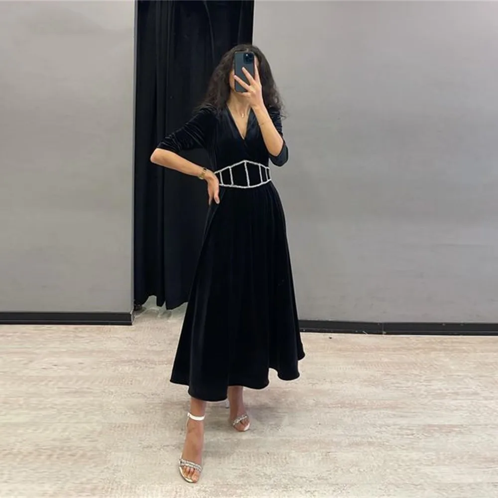 

AsaNagi Black Velour Modern Prom Dresses Tea-Length A Line Half Sleeves V Neckline Saudi Arabia Robes De Soirée 2023 Party Gowns