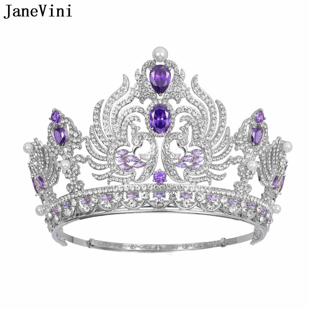 

JaneVini Luxury Purple Crystal Big Wedding Crown Baroque European Women Round Headpiece Beauty Pageant Crown Bride Hair Ornament