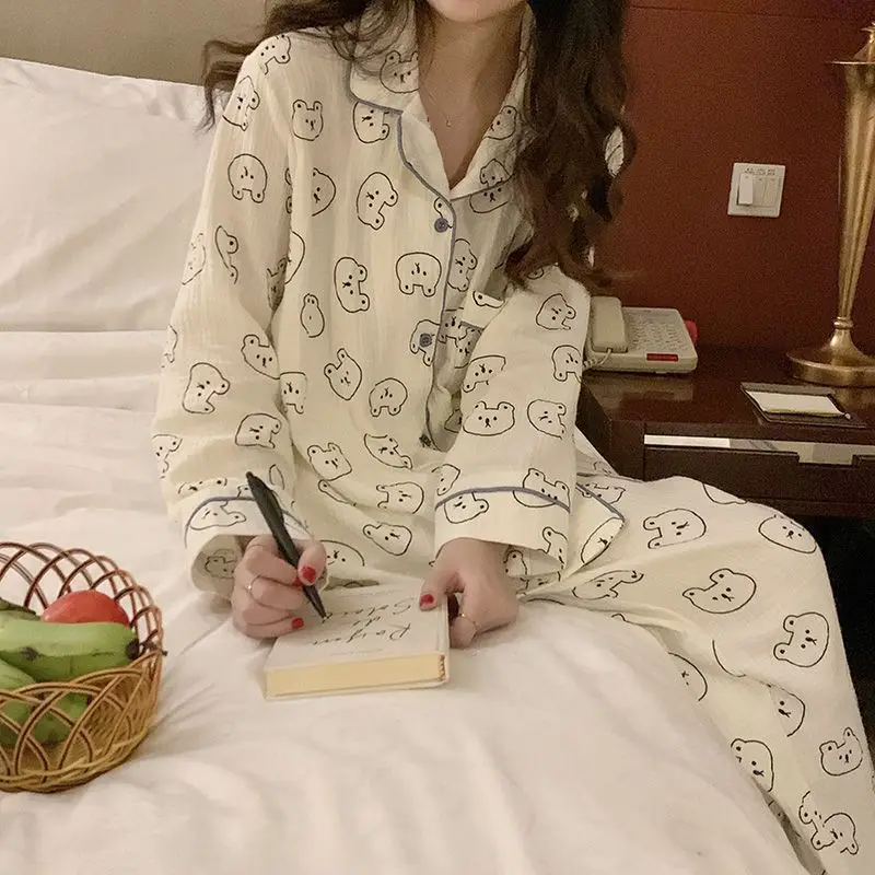 2024 Spring Autumn sleepwear Women's Cartoon Bear Pajamas set Female Cotton Long Sleeve Casual large Size Homewear Two-Piece Set