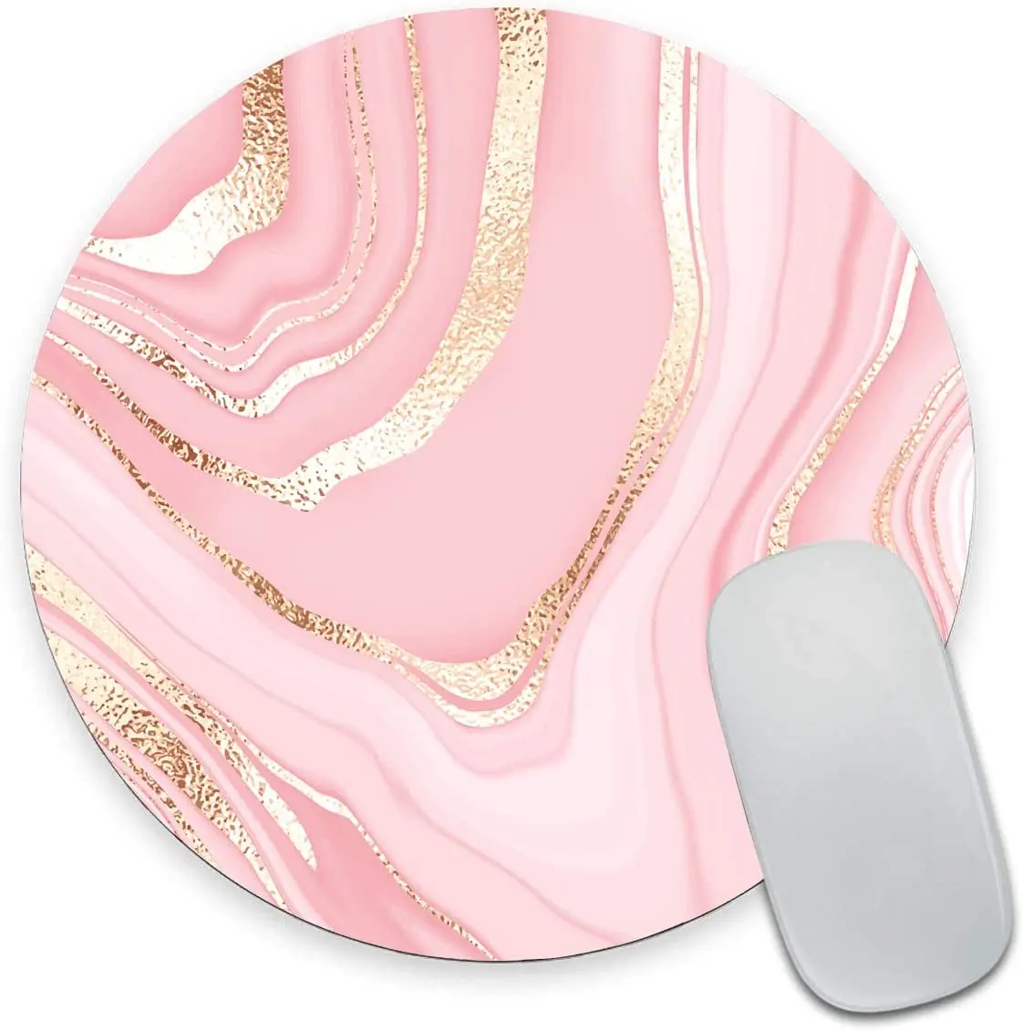 Round Pink Gold Marble Mouse Pad Premium-Textured Small Mouse Mat with Waterproof Non-Slip Rubber Base for Laptop Computer