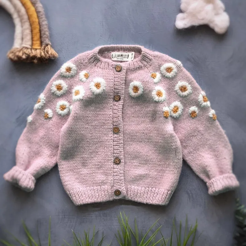Newborn Baby Girl Princess Floral Embroidery Knit Cardigan Infant Toddler Sweater Outfit Clothes Baby Knitwear Coat 0-7Y