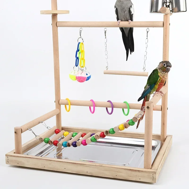 Parrot Play Stand Solid Wood Standing Stick Pet Bird Perch Swing Toys Ladder Training Interactive Tools Funny Bird Cage Supplies