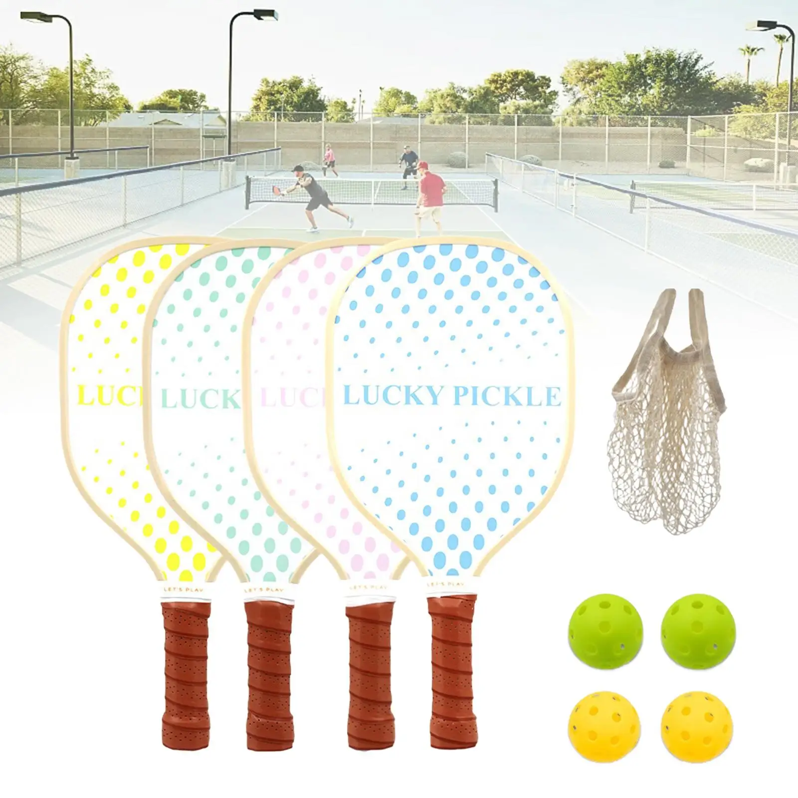 4x Wooden Pickleball Paddles Pickleball Rackets and Balls Gift Portable Pickleball Racquets for Indoor and Outdoor Tournament