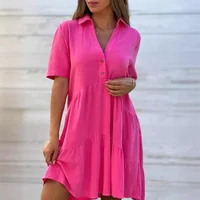 Women Cotton Linen Solid Color Dresses Lapel Button Patchwork Dress Summer Casual Commuter High Waist Short Sleeves Female Gown - Image 4