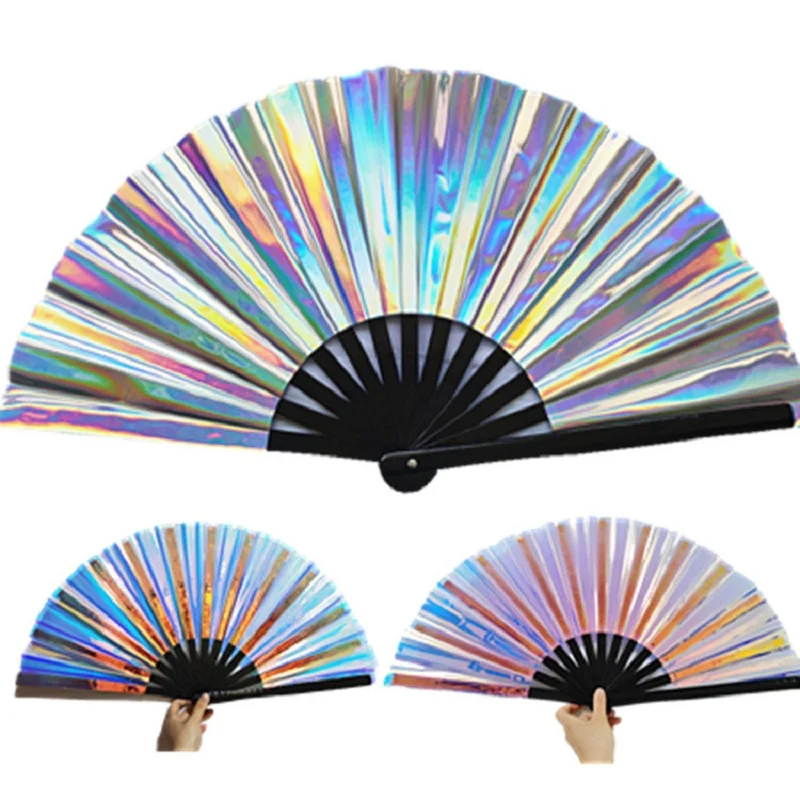 1Pc PVC Tai Chi Fan 33cm Bamboo Fan Laser Kung Fu Folding Craft Gifts Stage Performance Dance Party Photography Props folding fan hand fan kung fu fan