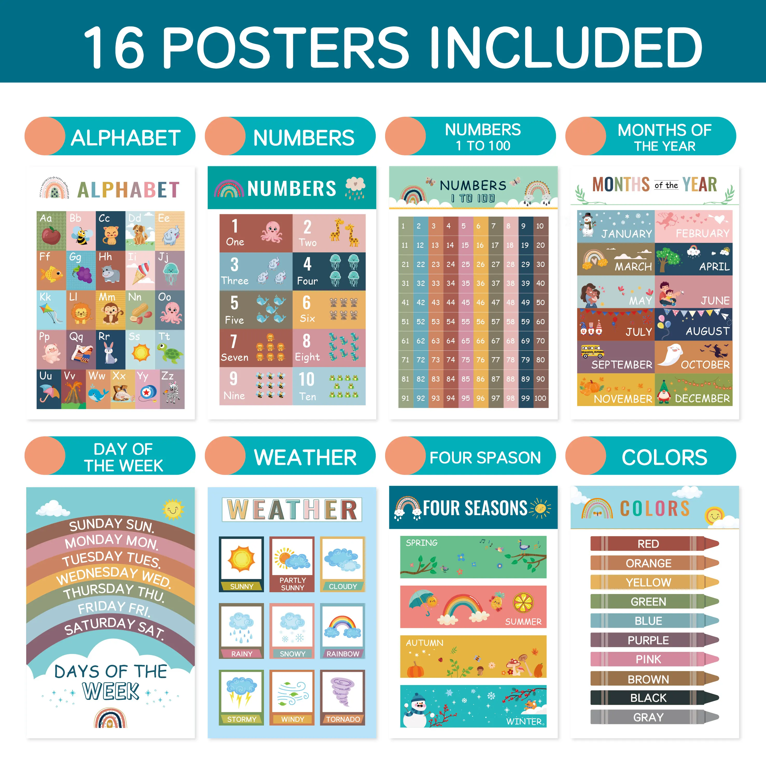 16Pcs Montessori Enlighten Early Education English Wall Chart Poster Repeatedly Busy Card Paste Matching Book for Kids Toys Gift 2