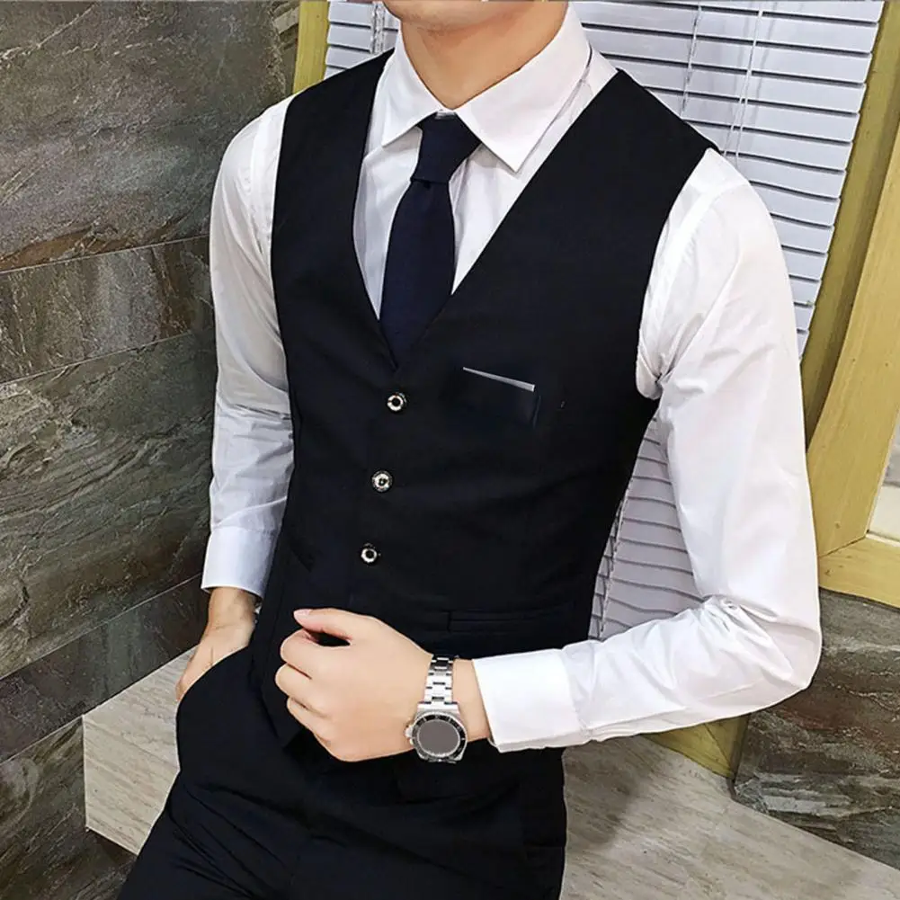 Gentle Men Formal Vest Sleeveless Pocket Single-Breasted Waistcoat Classic Black Suit Vest Men Business Wedding Tank Top dress vests