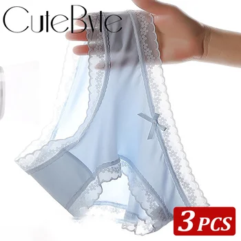 3 pezzi/set slip senza cuciture in pizzo di seta ghiacciata da donna sexy comodi elastici semi velati mutandine taglio francese biancheria intima da donna traspirante