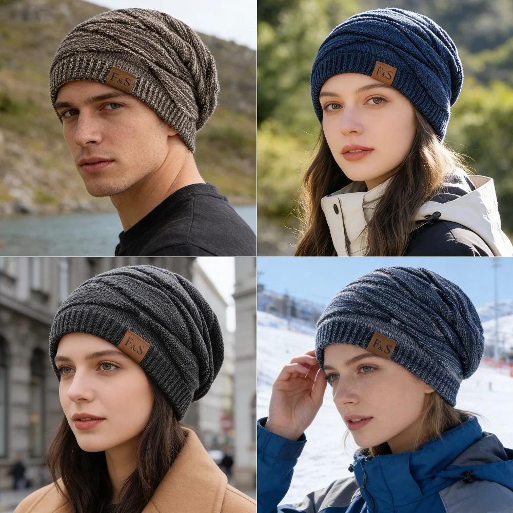 New Unisex Slouchy Winter Hats Plush Fleece Lined Warm Beanie Cap Men Women Casual Decor Mixed Color Winter Ski Knitted Hats