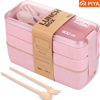 3-In-1 Compartment Wheat Straw Bento Box Reusable Tableware Lunch Containers Meal and Snack Food Containers Portable Lunch Box 1