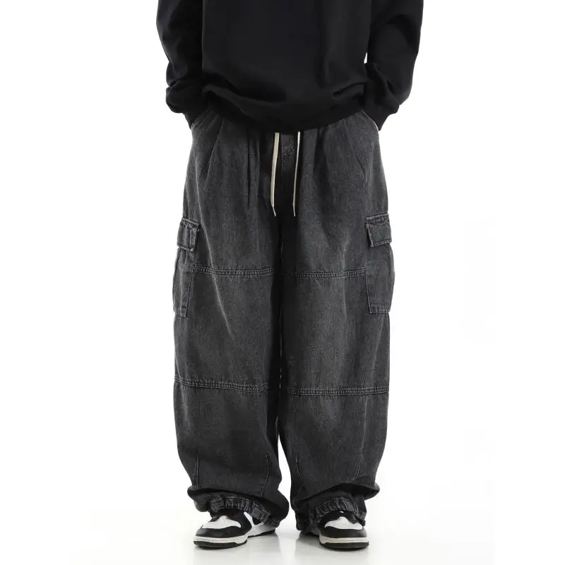 Y2k Black Baggy Cargo Jeans Trousers Men Streetwear Casual Hippie Jogging Wide leg Oversize Long Male Denim Pants 3