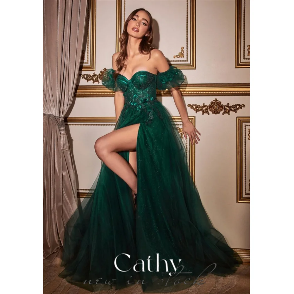 Cathy elegancka tiulowa sukienka na studniówkę z dekoltem w kształcie serca 2024 słodkie bufiaste rękawy Vestidos De Novia seksowna strona szaty z wysokim rozcięciem de soirée