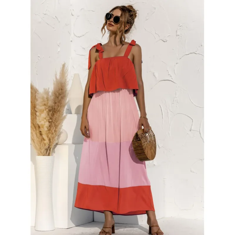 

Beautiful Women's Summer Dress 2024 New Fashion Sleeveless Open Back Strap with Ruffles Contrast Color Holiday Holiday Dresses