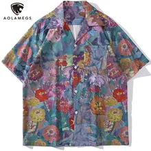 

Aolamegs Shirts Men Esthetics Watercolor Flowers Casual Oversize Short Sleeve Shirts Harajuku Hipster Beach Hawaiian Tops Summer