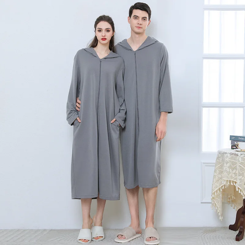 Zipper Bathrobe for Couples Summer Pajamas Hooded Nightgown Thin Sleepwear Women's Long Nightgown Summer Bathrobe