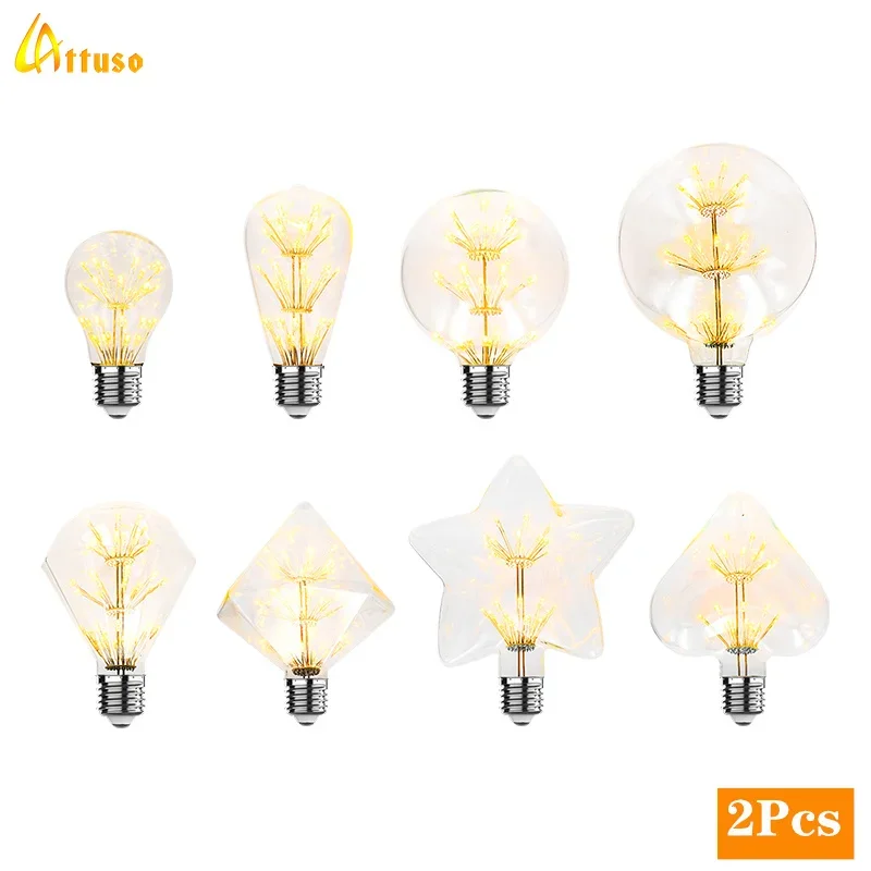 2pcs/lot LED Bulb E27 3W 110V 220V Starry Sky Decoration Vintage Edison Light Bulb Star Lamp Night Light Novelty Christmas Tree