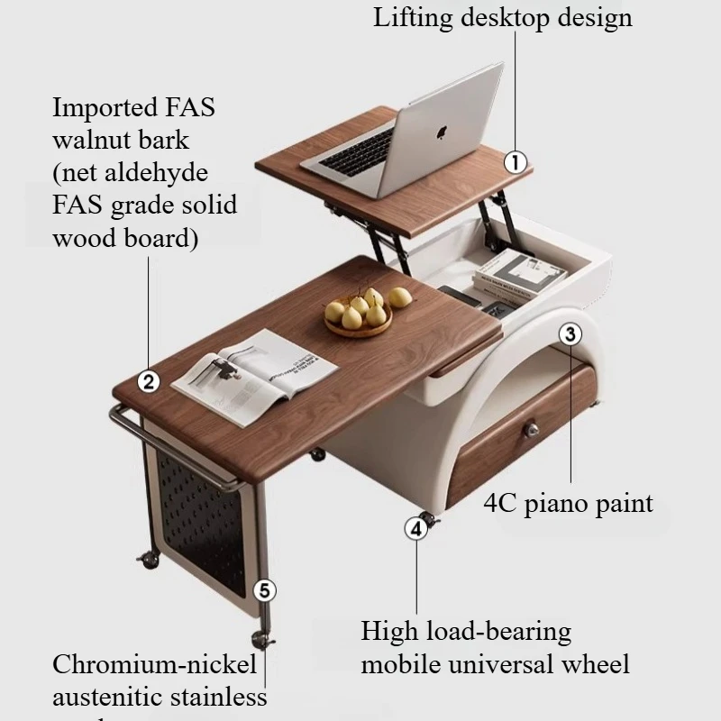 Tavolino Basso da Salone, Tavolino Laterale per Hotel Stile Nordico con Cassetto, Tavolino Regolabile con Contenitore, Tavolo da Terra Sollevabile ed Estensibile, Arredamento Funky - immagine 2