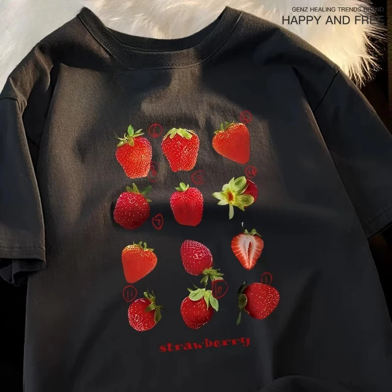 Strawberry Print Womens Summer T-Shirt - Harajuku Loose Fit Tee