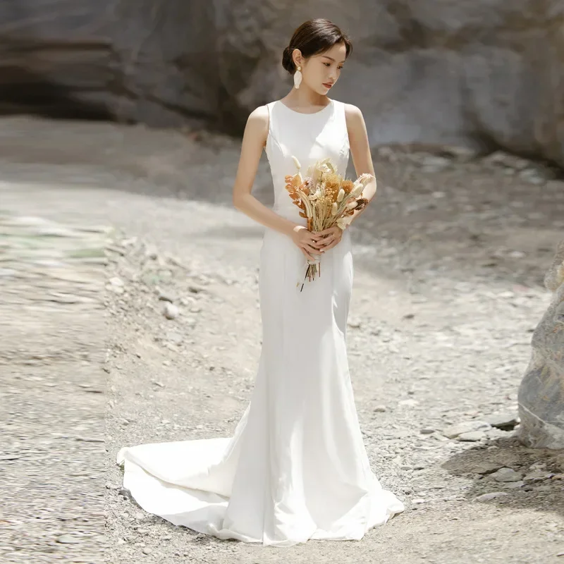 

Свадебное платье простота 2023 Новинка атласное темпераментное приталенное свадебное платье Мори для путешествий фотография Выходное платье